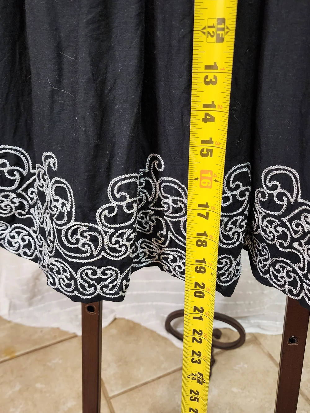 White House Black Market Silk Blend Black Midi Skirt with White Embroidered Hem
